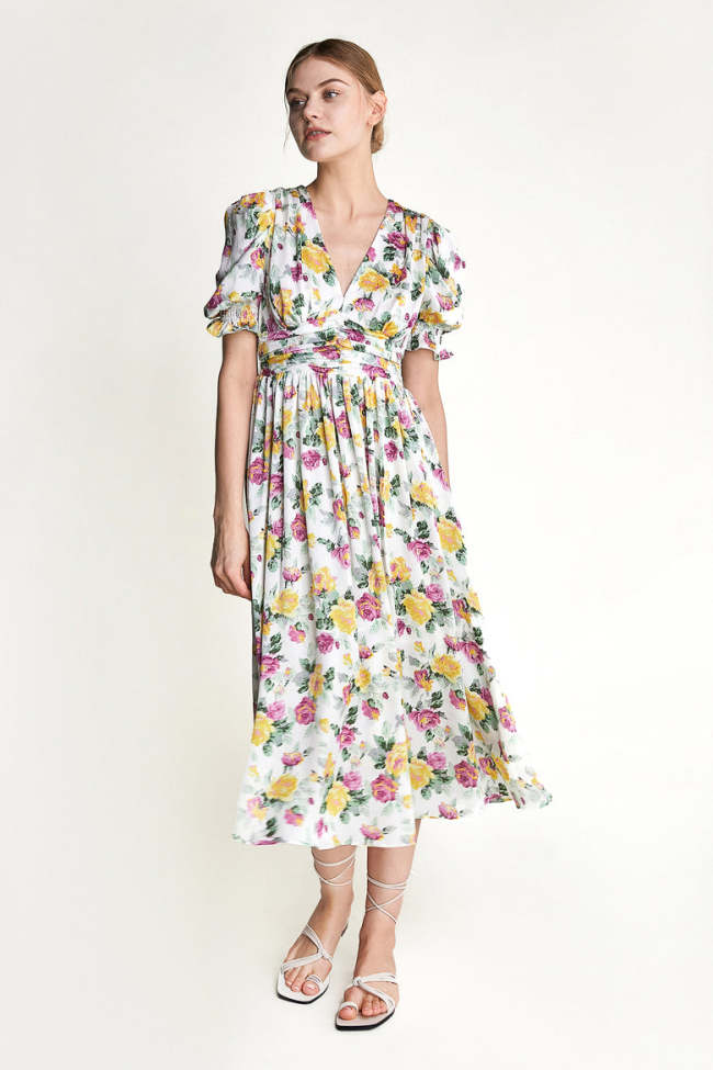 White Floral Print Deep V Pleat Detail Midi Dress