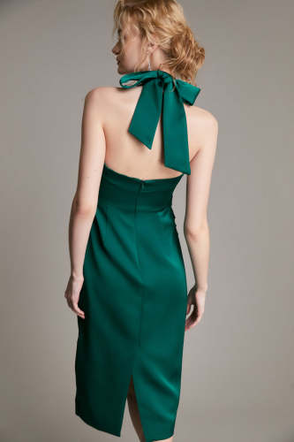 Dark Green Satin Halterneck Ruched Bodycon Midi Dress