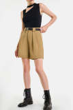 Dark Khaki Belted Pleat Detail Longline Shorts