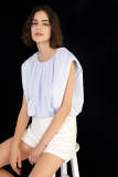 Light Blue Sleeveless Button-Back Ruched Blouse