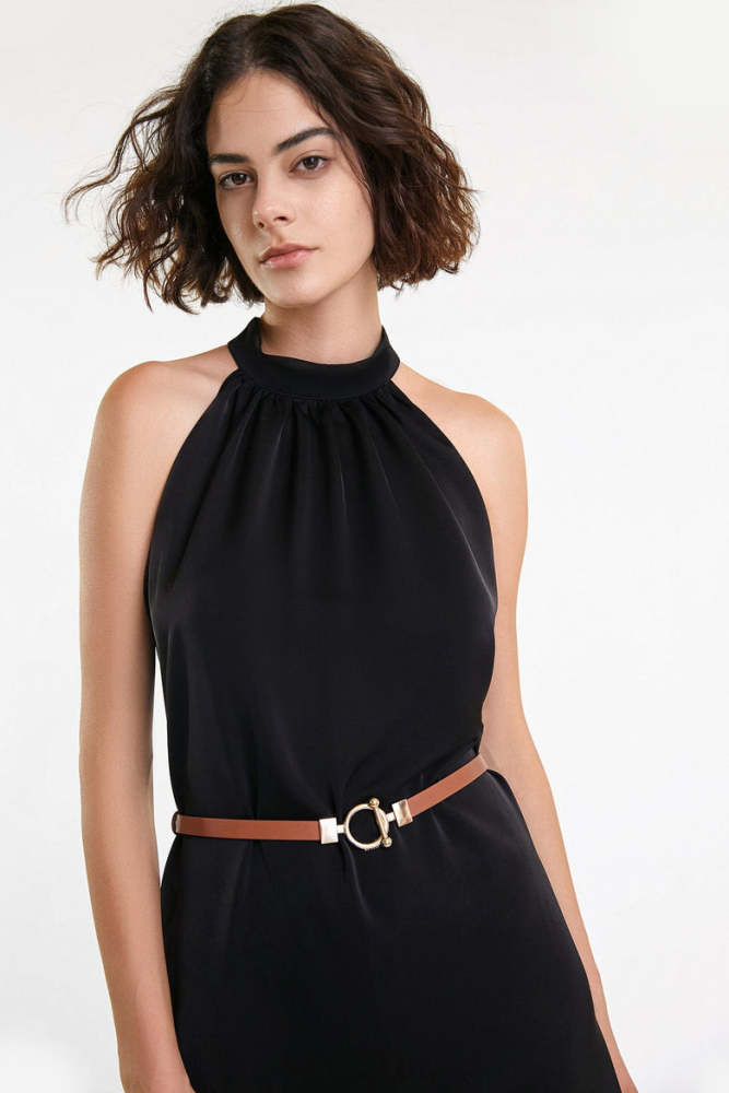 Black Belted Sleeveless High Neck Midi Dress