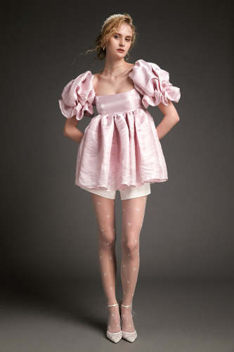 Pink Puff Sleeve Organza Babydoll Mini Dress