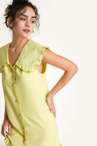 Yellow Sleeveless Button Front Ruffled Oversized Collar Mini Dress