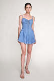 Medium Blue Wash Lace-Up Frayed Hem Mini Dress