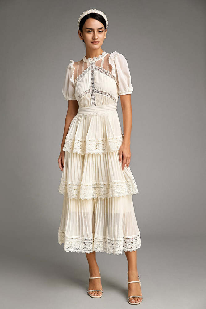 Beige Mesh Lace Trim Pleated Tiered Maxi Dress