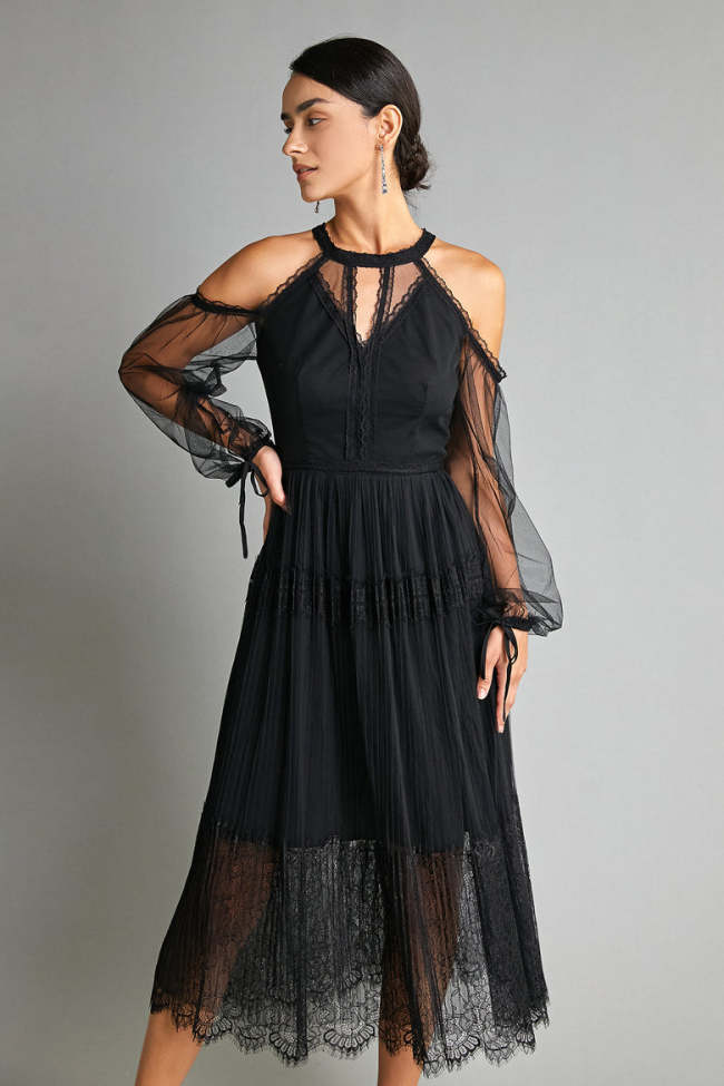 Black Lace Mesh Cold Shoulder Keyhole Midi Dress