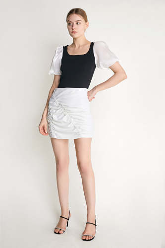 White Ruched High-Waisted Mini Skirt