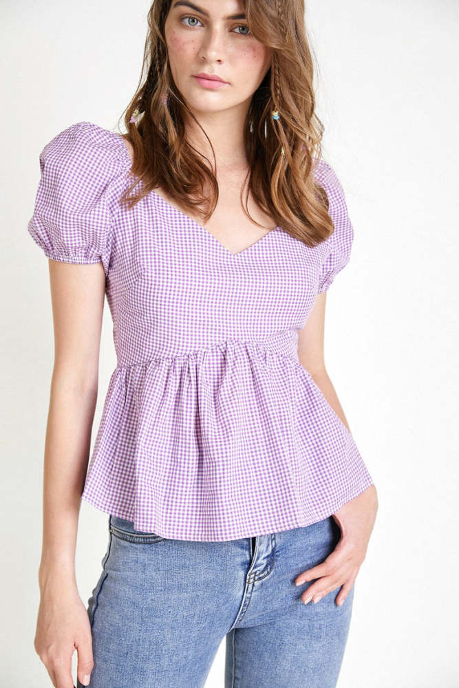 Medium Orchid Plaid Peplum Hem Blouse