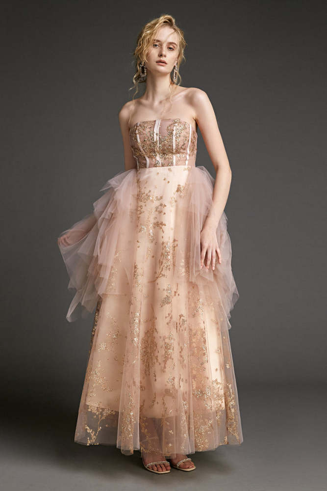 Pink Strapless Sequin Lace-Up Back Tulle Maxi Dress