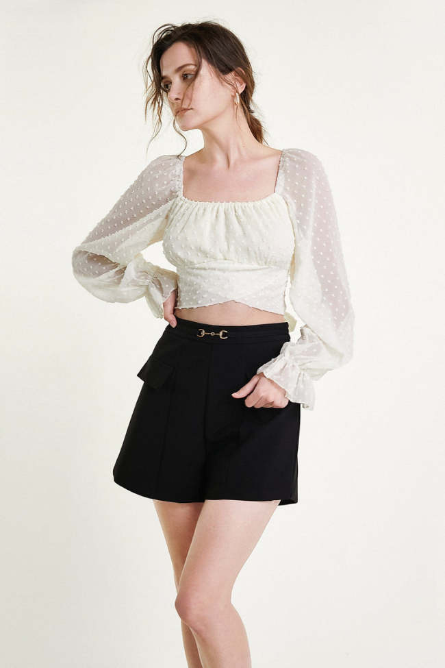 Flash Sale                Ivory Swiss Dot Overlap Hem Cropped Blouse
