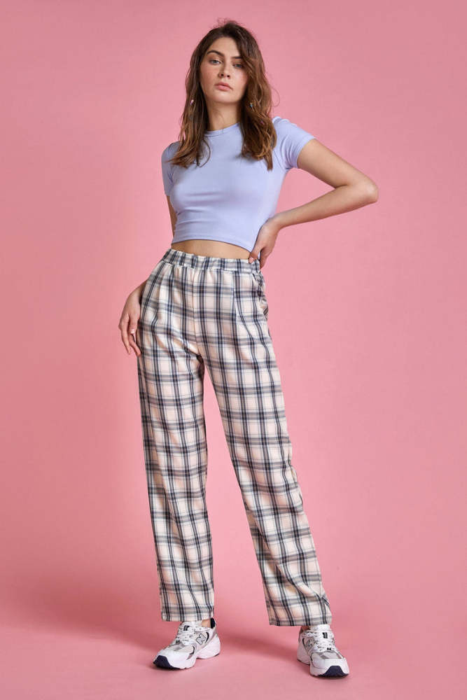 Midnight Blue Plaid Elastic Waist Straight Leg Pants