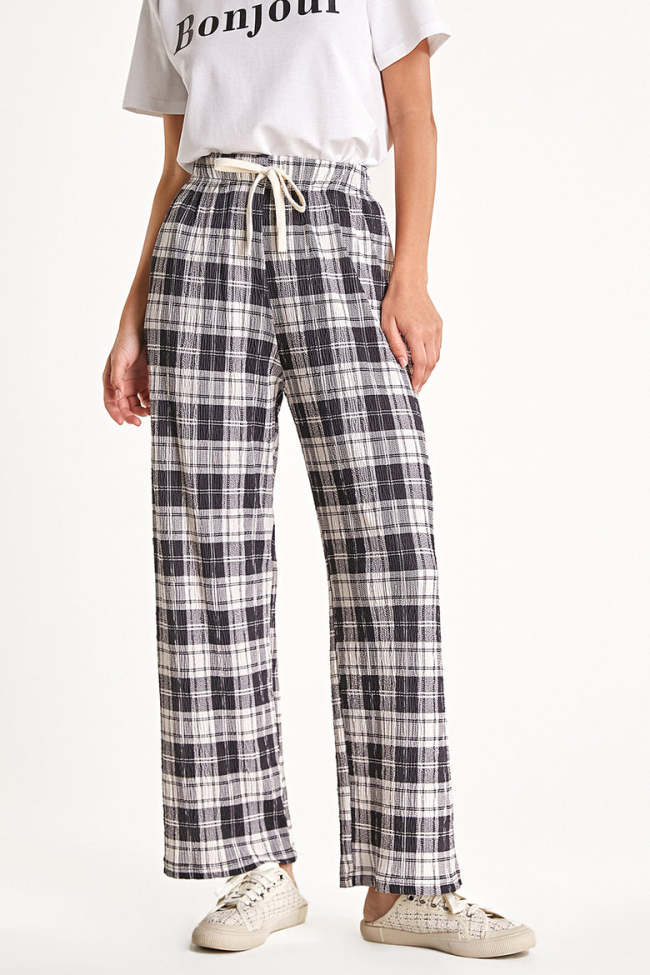 Black Checked Pleated Drawstring Wide Leg Pants