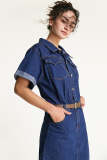 Dark Blue Belted Rolled-Sleeve Denim Mini Dress