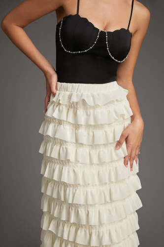 Beige Ruffled Tiered Elastic Waist Skirt