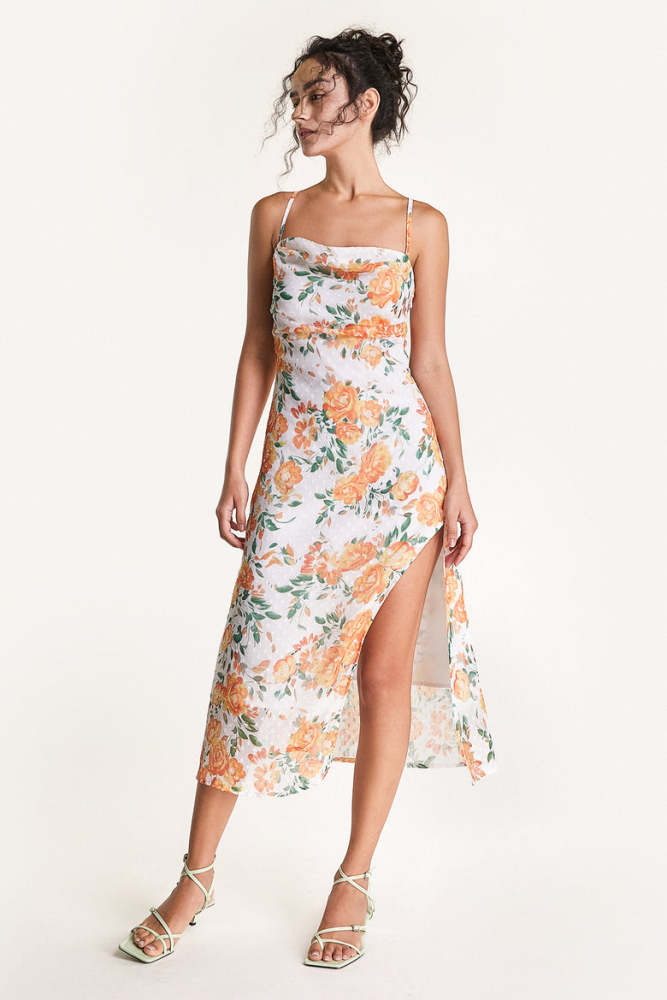 Orange Floral Print Swiss Dot Cross Back Midi Dress