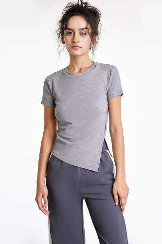 Grey Ribbed Asymmetric Side Slit T-shirt