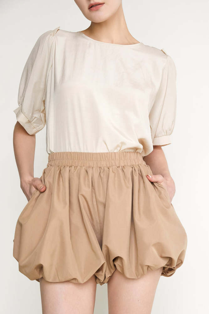 Tan Puff Ball Elastic Waist Shorts