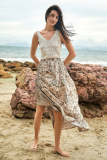 Linen Paisley Print Ruched Drawstring Elastic Waist Midi Skirt