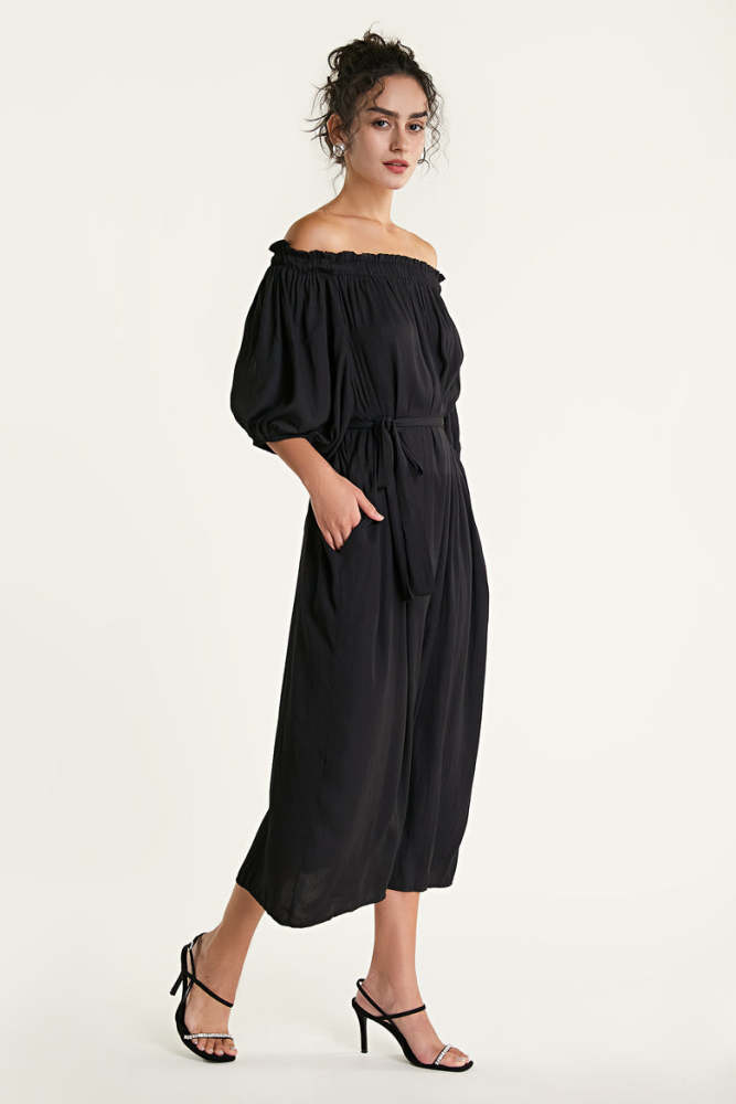 Black Off-the-Shoulder Belted Crinkled Puff Sleeve Maxi Dress