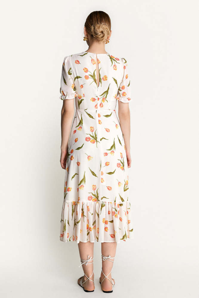 Ivory Floral Print Ruffled V-Neck Side Slit Midi Dress