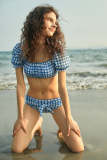 Steel Blue Plaid Puff Sleeve And High-Waisted Bikini Set