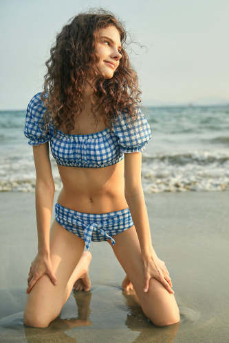 Steel Blue Plaid Puff Sleeve And High-Waisted Bikini Set