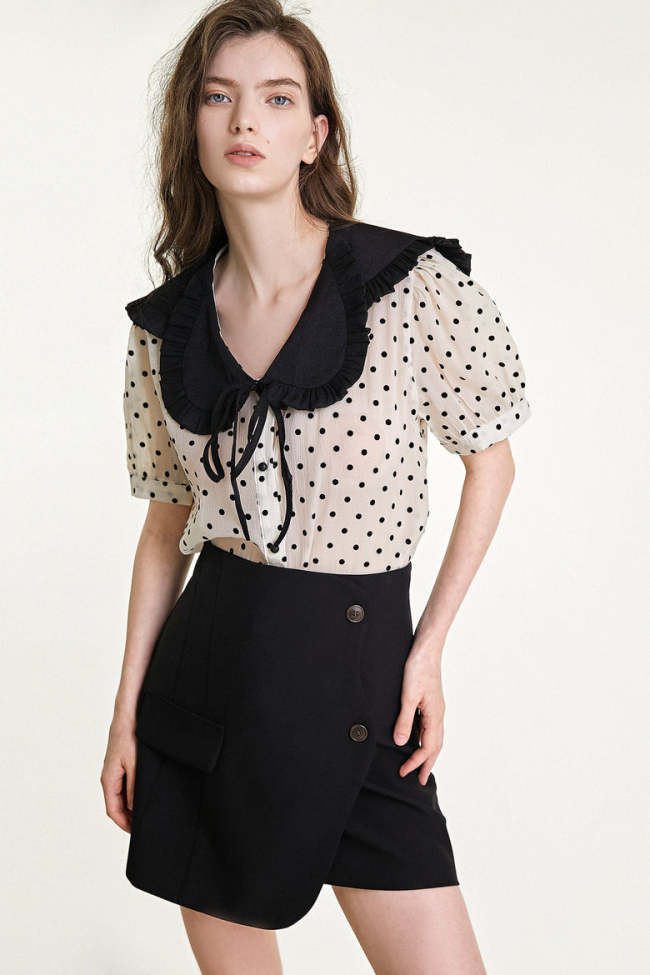 Beige Polka Dot Statement Collar Blouse