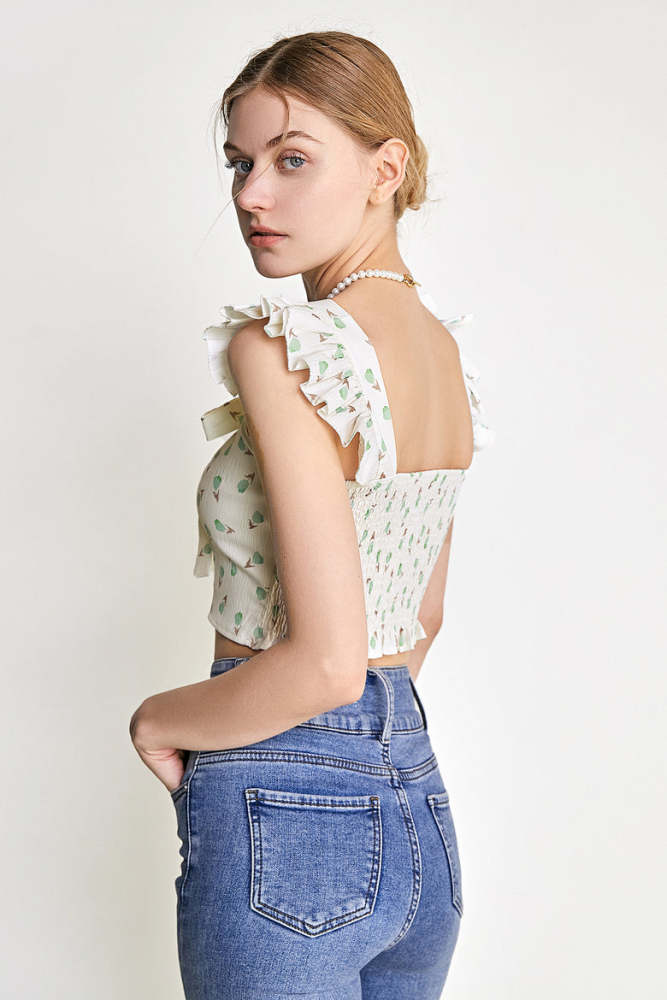 Ivory Floral Print Ruffled Cropped Tank Top