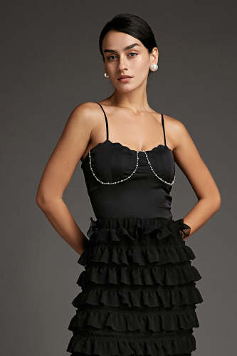 Black Faux Pearl Detail Cropped Cami Top