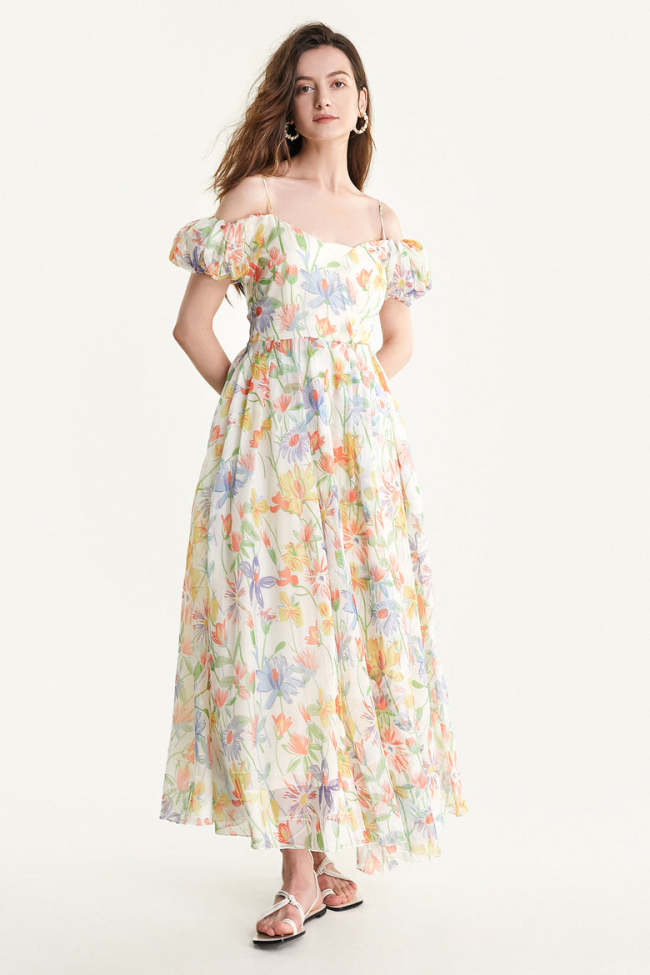 Multicolor Floral Print Off-the-Shoulder Lace-Up Maxi Dress