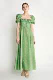 Dark Sea Green Floral Print Square Neck Tie Detail Slit Hem Maxi Dress