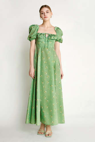 Dark Sea Green Floral Print Square Neck Tie Detail Slit Hem Maxi Dress