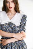 Light Sky Blue Floral Print Smocked Collared Lace Trim Mini Dress