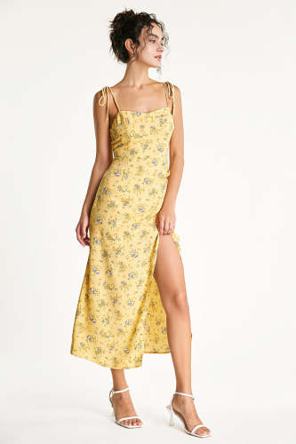 Khaki Floral Print Tie Strap Asymmetric Midi Dress