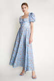 Light Sky Blue Floral Print Square Neck Tie Detail Slit Hem Maxi Dress