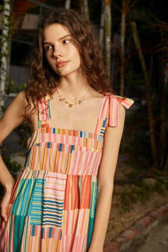 Flash Sale                Multicolor Patchwork Tie Strap Midi Dress