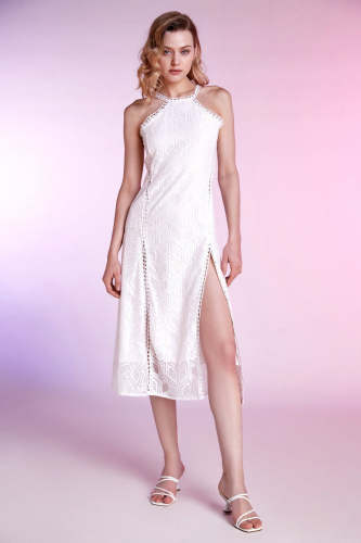 White Pointelle Side Slit Midi Dress