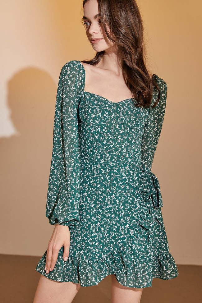 Sea Green Sweetheart Neckline Floral Mini Dress