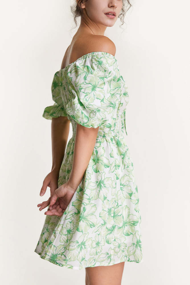 Light Green Off-the-Shoulder Floral Print Smocked Waist Mini Dress