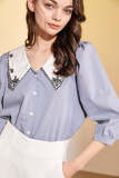 Light Steel Blue Doll Collar Embroidery Shirt