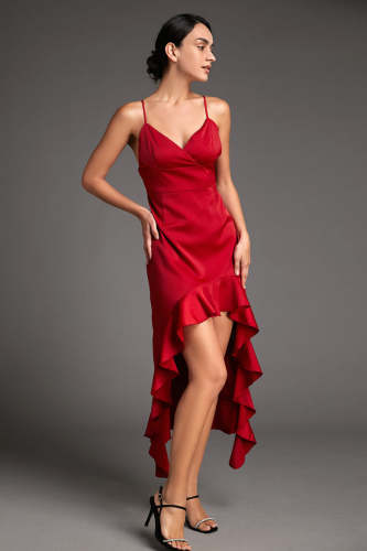Crimson Satin Ruffled High-Low Maxi Dress