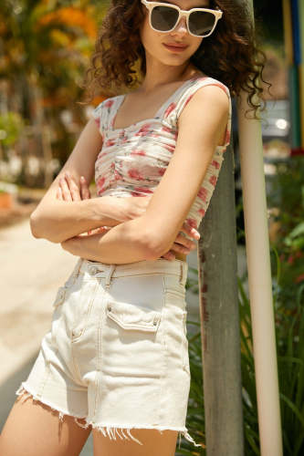 White Floral Print Ruched Crop Top