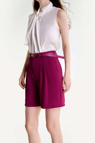 Medium Violet Red Belted Pleat Detail Longline Shorts