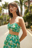 Green Pleated Floral Print Halter Bandeau Top & Asymmetric Midi Skirt Two-Piece Set