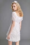 White Floral Applique Halter Puff Sleeves Mini Dress