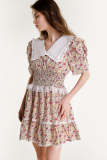 Dark Red Floral Print Smocked Collared Lace Trim Mini Dress