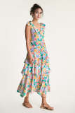 Multicolor Floral Print Tie Strap V-Neck Tiered Midi Dress