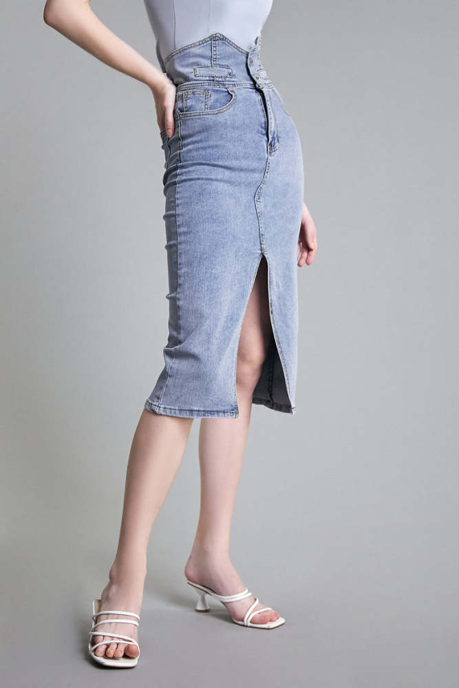 Medium Blue Wash High Rise Front-Slit Midi Denim Skirt