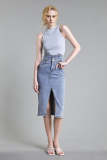 Medium Blue Wash High Rise Front-Slit Midi Denim Skirt