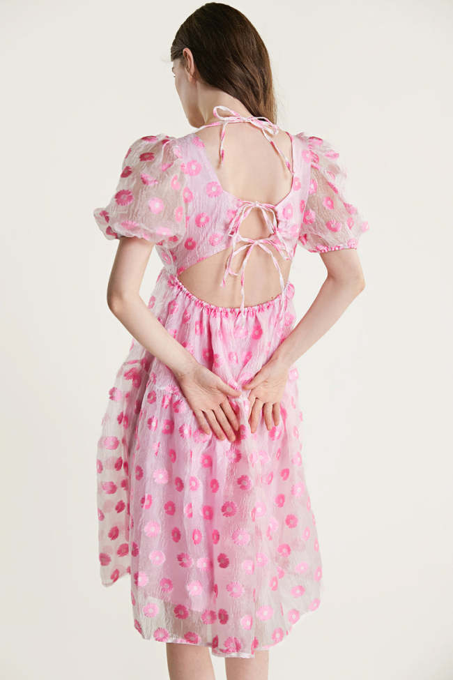 Pink Tie Back Cut Out Floral Embroidery Midi Dress